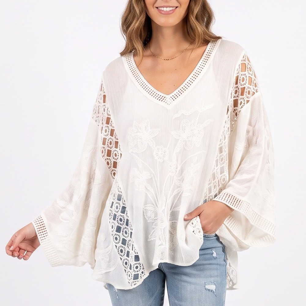 World Market Poncho Top Womens One Size Boho Crochet Lace White Embroidered EX